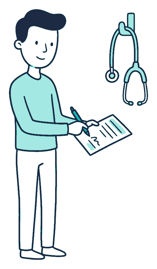 A stethoscope hangs unused on a wall hook while a person signs a single short form beneath it
