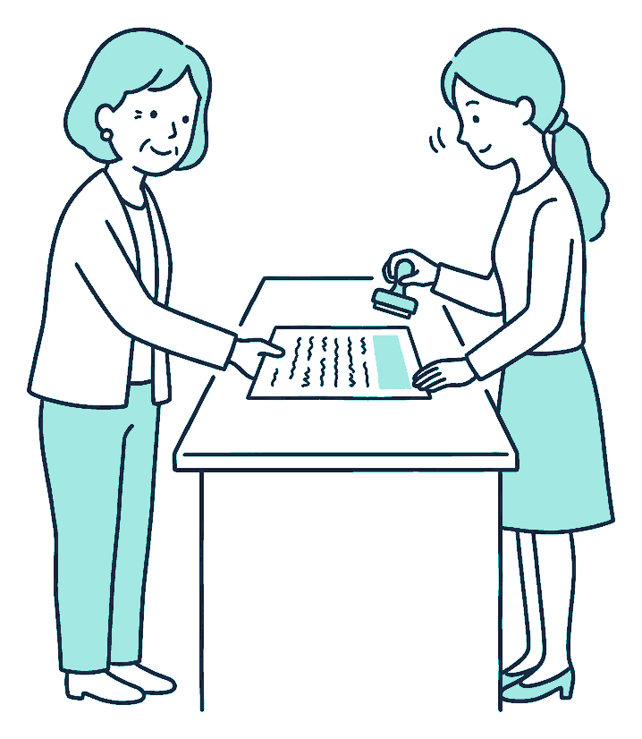 A woman in her sixties slides a completed application form across a desk to a clerk who nods and stamps it