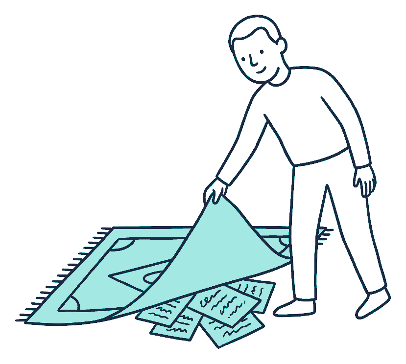 A person lifts a rug corner to reveal swept-up papers covered in squiggly scribble lines beneath