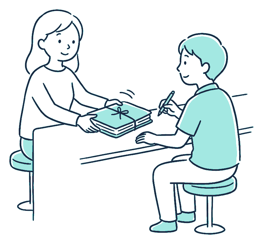 A woman slides a thick bundled medical file across a counter to a seated clerk holding a pen