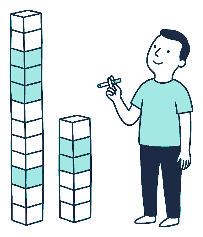 A person holding an unlit cigarette looks up at two block towers standing side by side, one far taller than the other