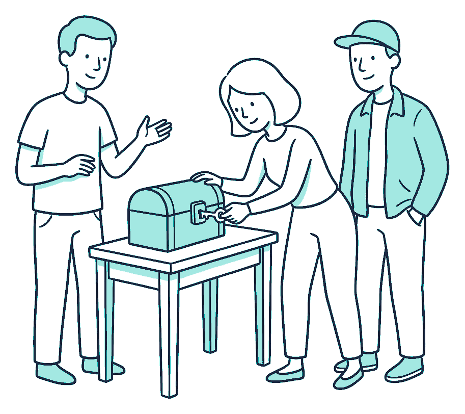 Three people gather around a small locked chest on a table while one turns a key in its latch