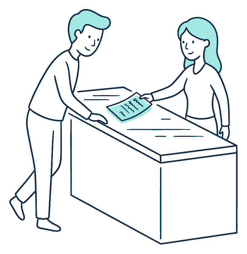 A customer leans over a bank counter while a teller slides a document of squiggly scribble lines across