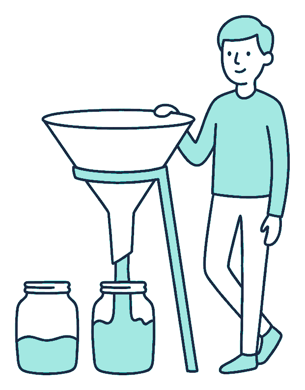 A person beside a funnel feeding down into two separate jars
