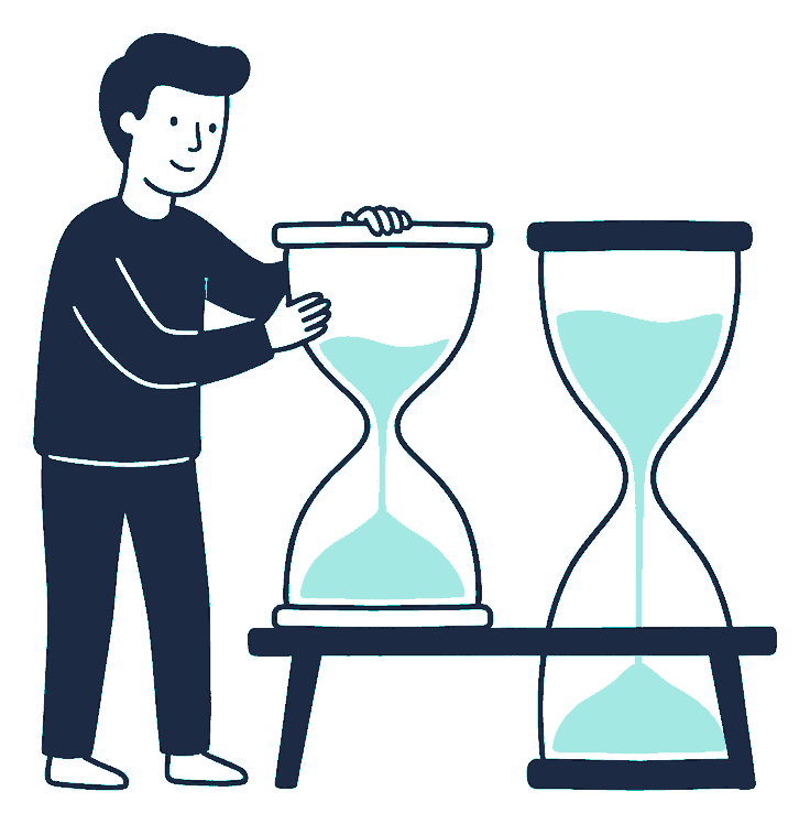 A person turns a large hourglass upright on a bench while a taller hourglass drains beside it