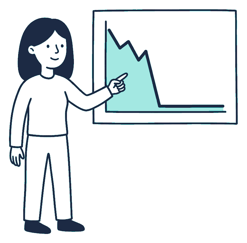 A person points at a board showing a line that drops sharply then runs flat along the bottom