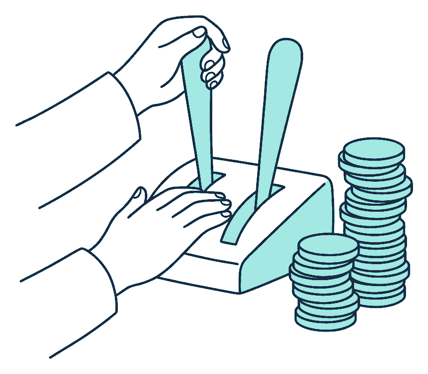 Two hands push tall levers on a console upward while a stack of coins beside it grows