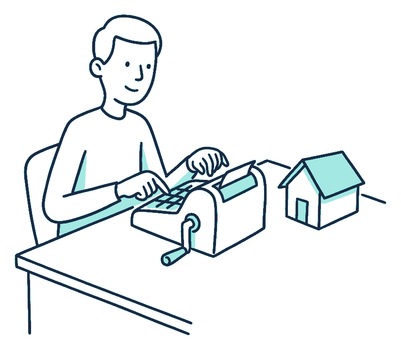 A person working a mechanical adding machine beside a small model house