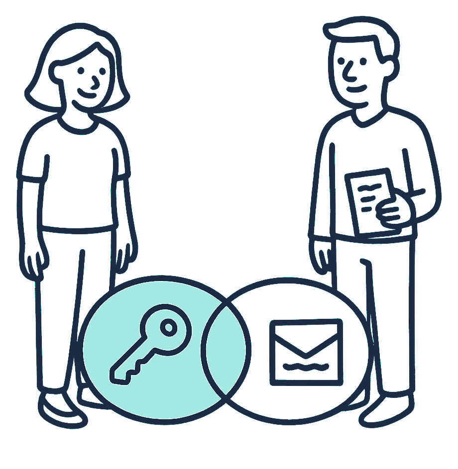 A close-up of two overlapping circles chalked on a driveway, one holding a house-key icon and the other a pay-packet icon, with a small area where they overlap left blank