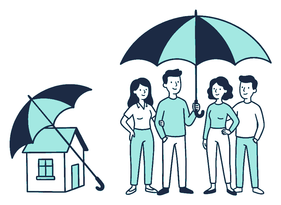 One umbrella shelters a small house while a wider umbrella shelters a whole family beside it