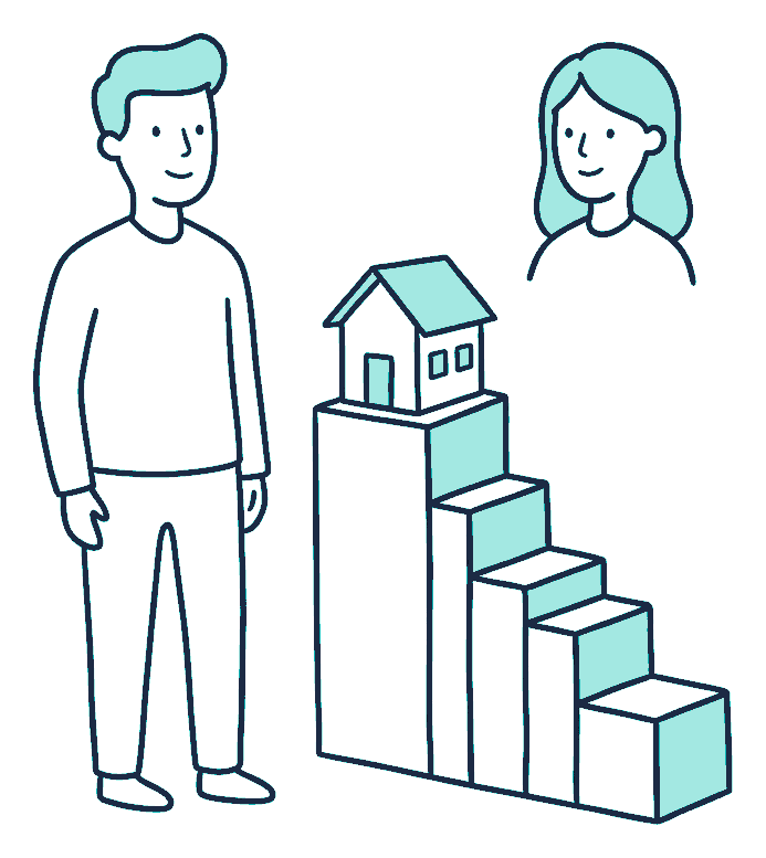 A person stands beside a descending step chart of blocks with a small model house on the top step