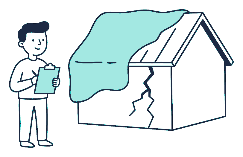 A person stands outside a house with a cracked wall, holding a clipboard while a tarpaulin covers half the roof