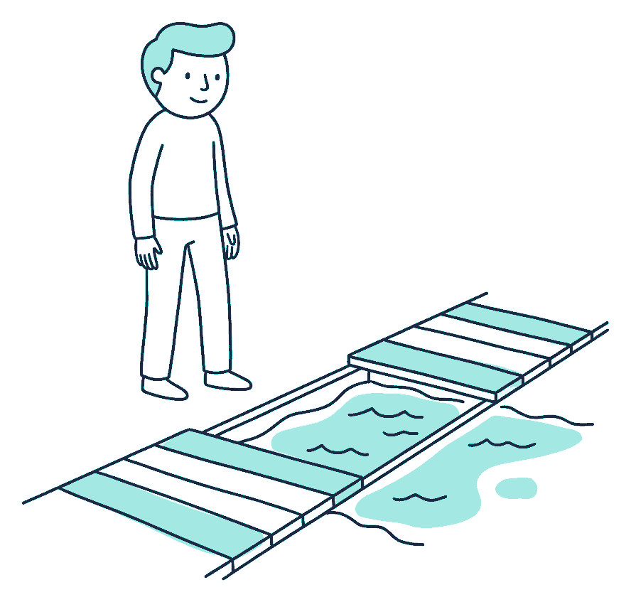 A walker halts at a boardwalk where two planks are missing, open water showing through the gap