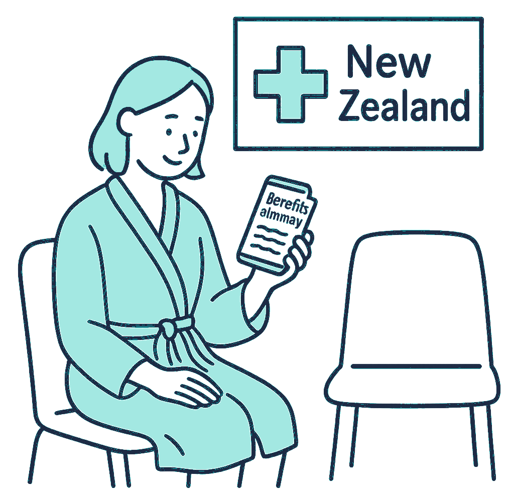 A patient in a dressing gown checking a benefits summary on their phone in a private hospital waiting room