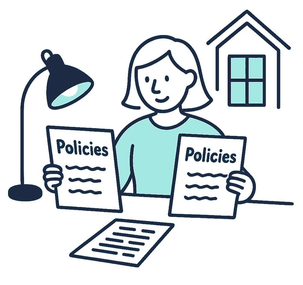 A person at a kitchen table comparing two health insurance policy folders under a reading lamp