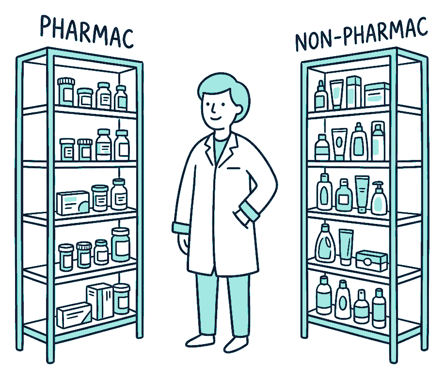 A pharmacist between a PHARMAC shelf and a non-PHARMAC shelf of medicines