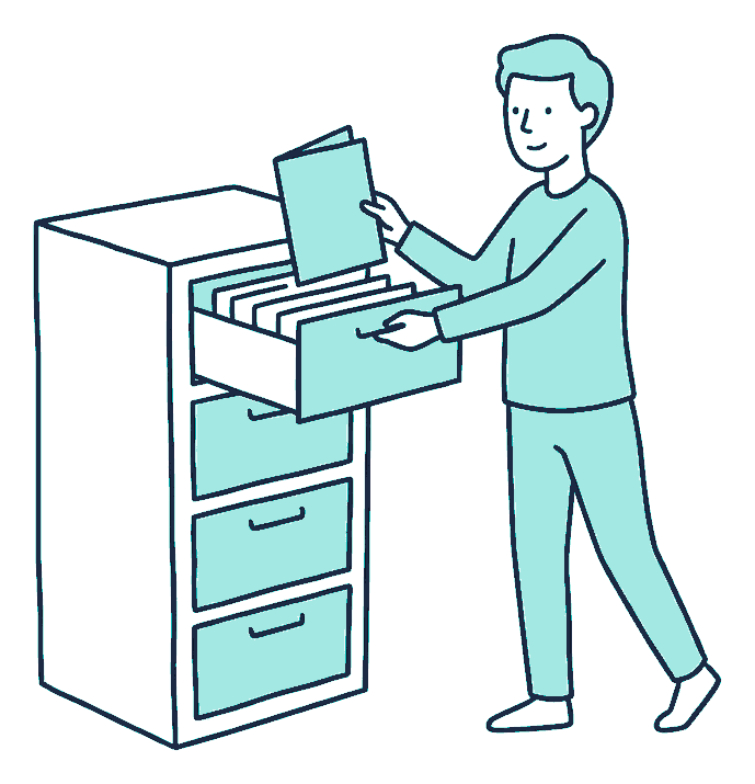 A person pulls open one drawer of a filing cabinet and lifts out a single plain brochure