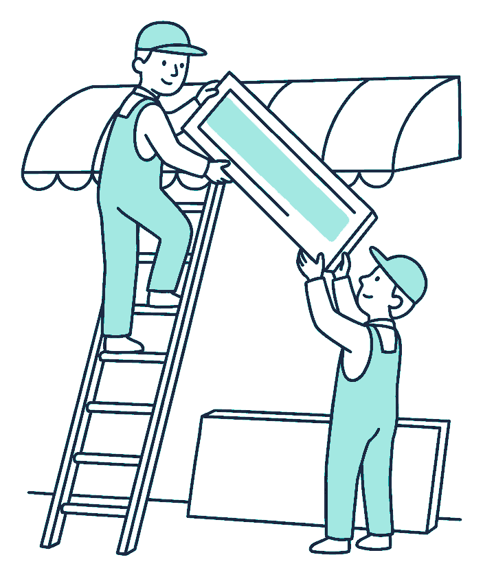Workers on a ladder swap a blank shop sign panel for a new one above an awning