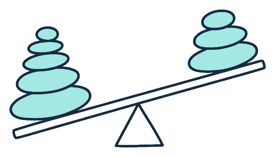 A seesaw plank balances with a stack of round stones at each end, one side dipping lower