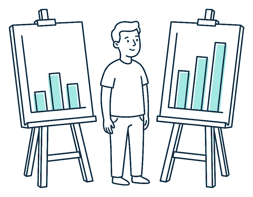 A person stands between two easels holding bar charts of different heights, glancing from one board to the other