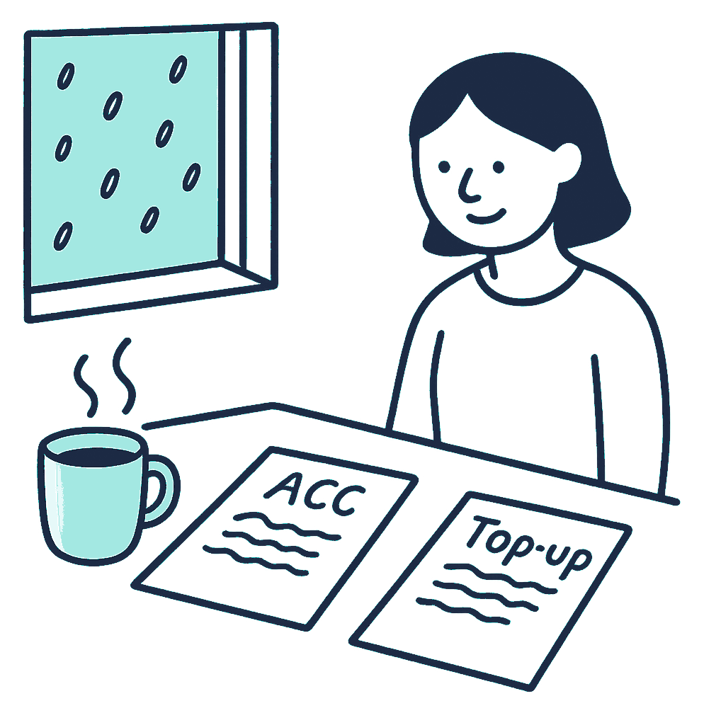 An ACC weekly-compensation notice and a private insurer's top-up letter sit side by side on a kitchen table beside a steaming mug, morning light through a rain-speckled Kiwi window
