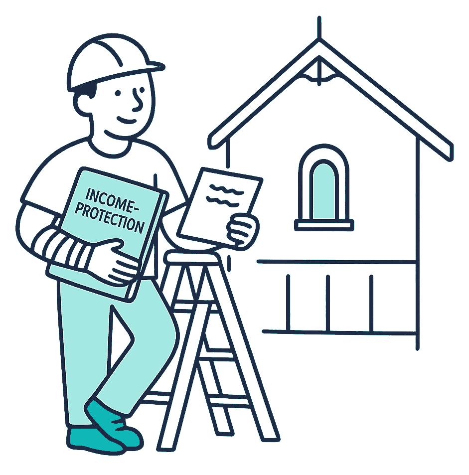 A self-employed tradesperson with a bandaged wrist rests against a stepladder outside an unfinished Kiwi villa, a short weekly-benefit envelope in one hand and a thicker income-protection folder tucked under the other arm