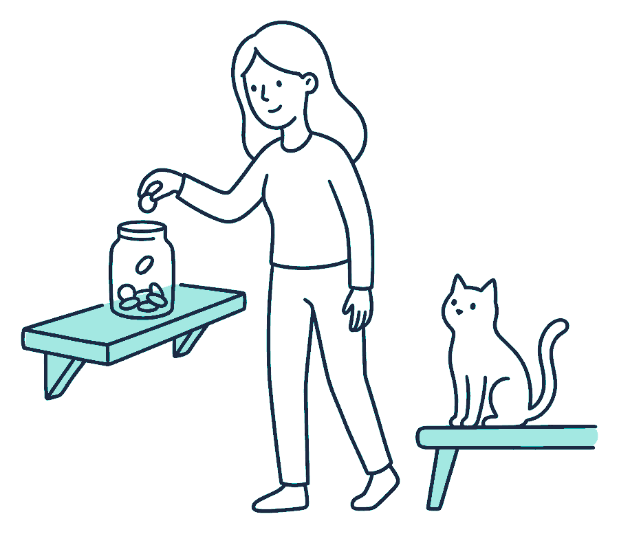 A woman drops coins into a jar on a shelf while a cat watches from the bench