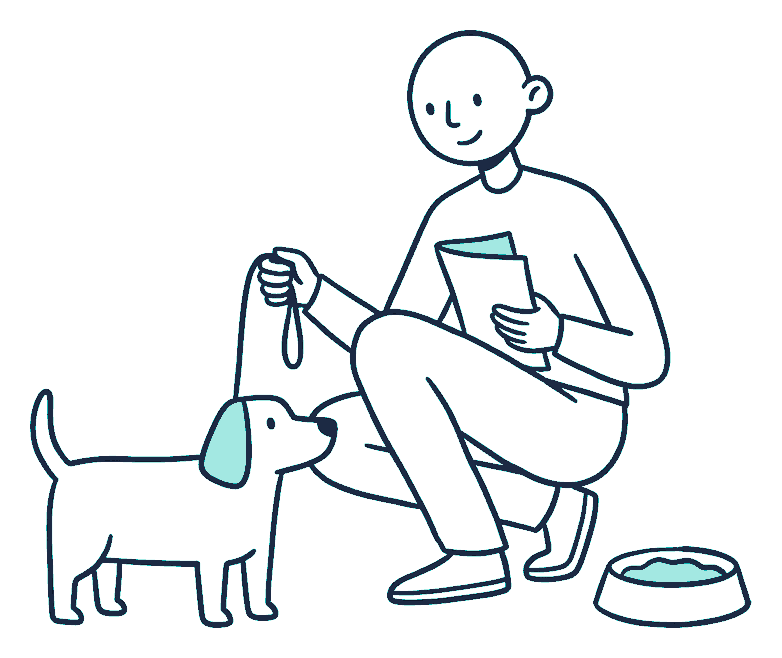 A person crouching beside a dog with a lead and a policy document in hand