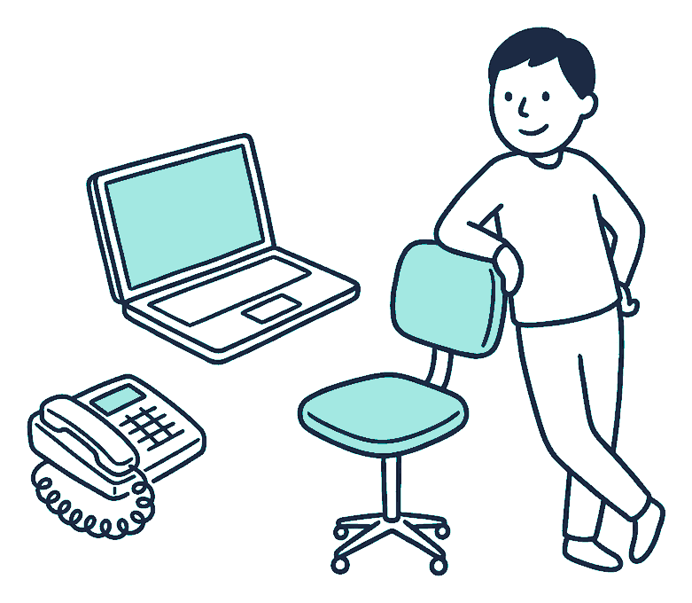 An open laptop sits alone on a plain desk beside an empty swivel chair and an unplugged desk telephone
