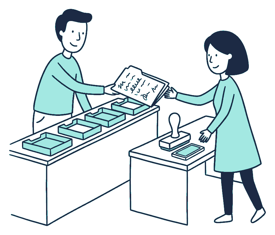 Two people at a counter pass a scribble-covered folder along a row of trays toward a stamping desk