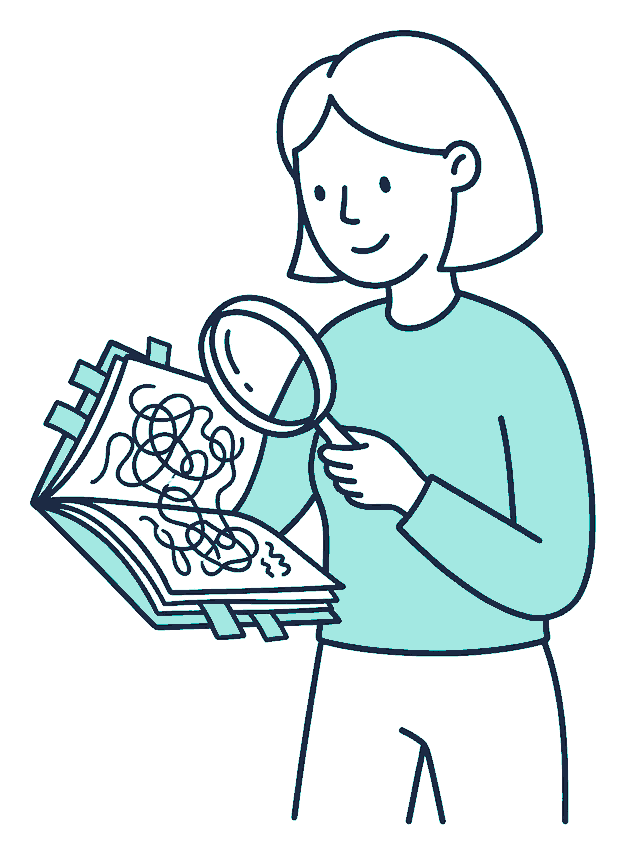 A person holds a magnifying glass over a booklet covered in squiggly scribble lines, flagging pages with tabs