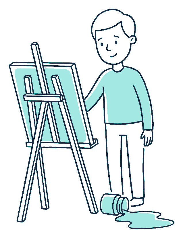 A person beside a drawing board with a tipped ink pot and a spill on the floor