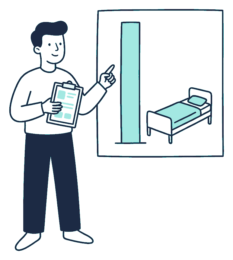 A person with a clipboard points at a board showing one very tall solitary column beside a hospital bed