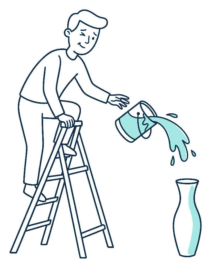A painter on a stepladder winces as their paint tin tips toward a tall vase below