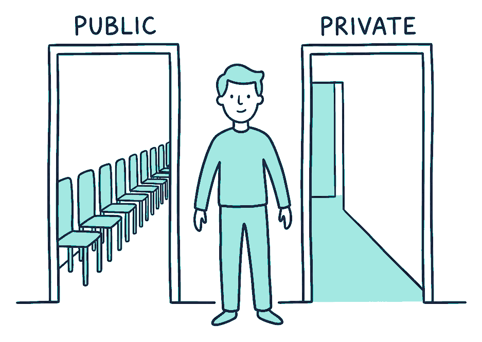 A person between a public doorway with a queue of chairs and an open private doorway