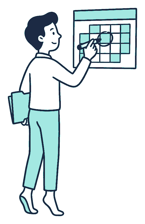 A person on tiptoes circles a date on a wall calendar with a marker, a folder tucked under one arm