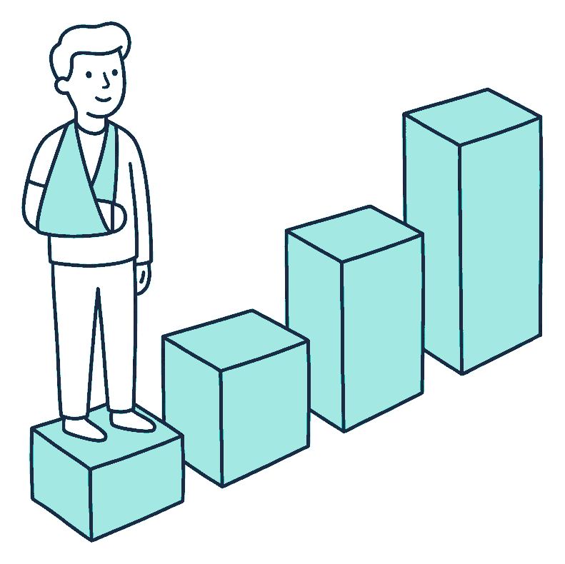 A person with one arm in a sling stands on the lowest tread of a rising step-chart made of blocks