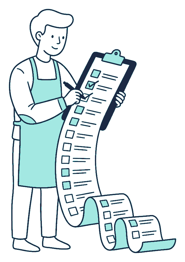 A person in an apron ticks boxes down a very long clipboard checklist that unrolls past their knees