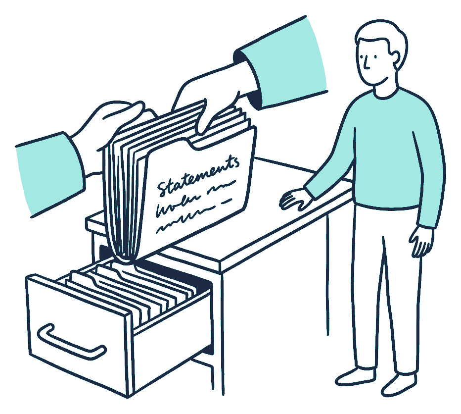 A hand pulls a thick folder of scribble-covered statements from a filing cabinet drawer onto a desk