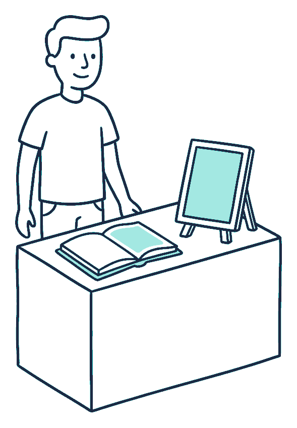 A sole trader stands behind a small market stall, ledger open on the counter and a chalk board propped up