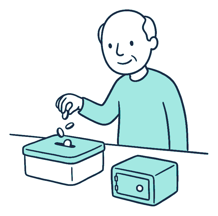 An older person drops coins into a sealed tin on a kitchen bench beside a small closed strongbox