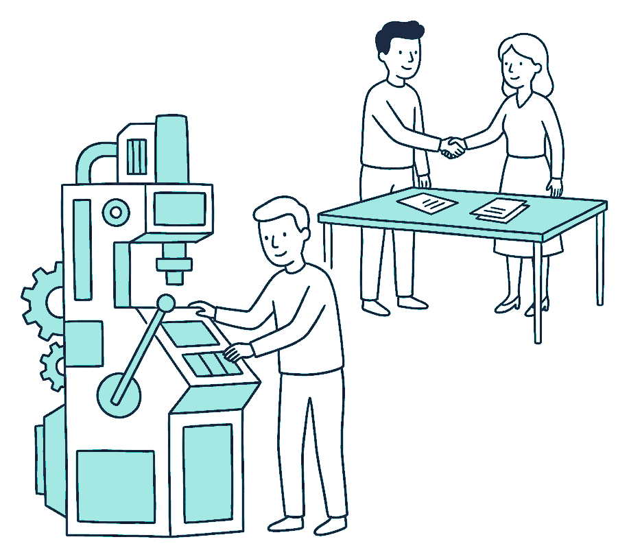 A lone technician operates a large machine while two owners shake hands at a desk behind him