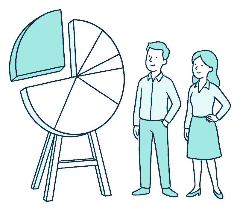 Two business partners stand beside a large pie chart on an easel, one slice lifted clear of the rest