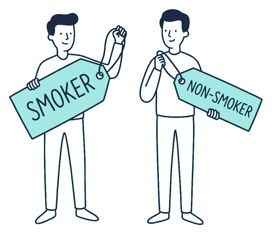 Two people holding price tags, the smoker tag much larger than the non-smoker tag
