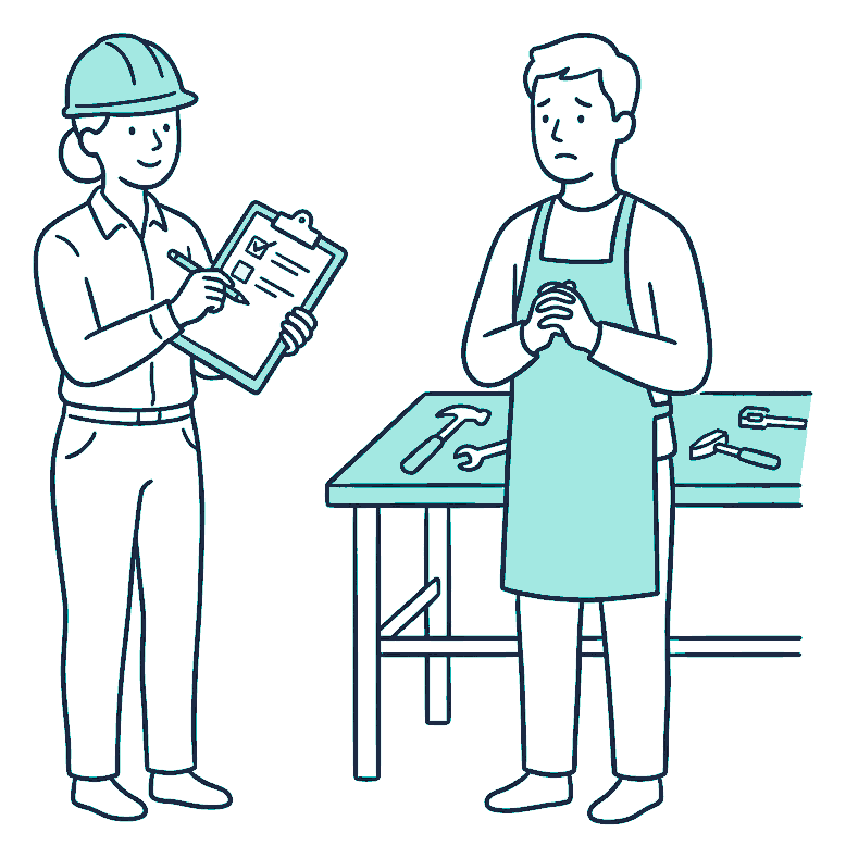 An inspector in a hard hat ticks a clipboard while a worried shop owner stands beside her workbench
