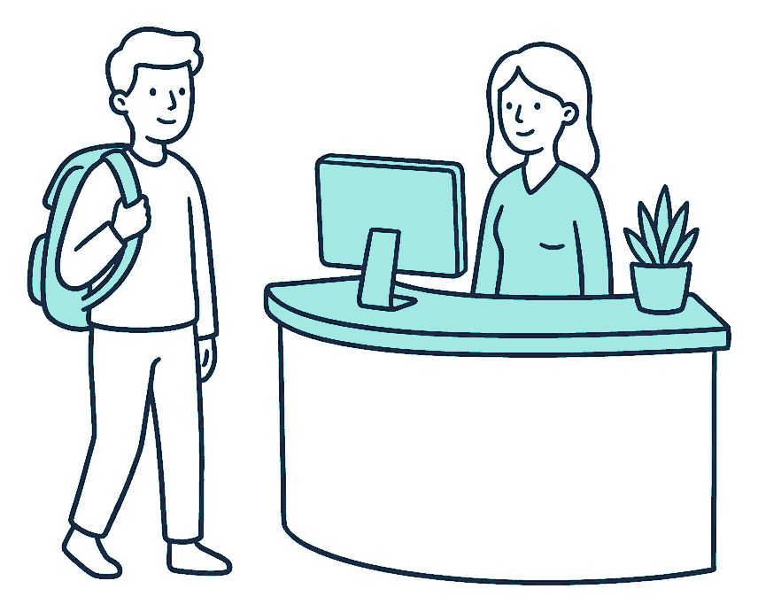 Two students at a campus health desk, one holding an insurance card and one holding a public health card