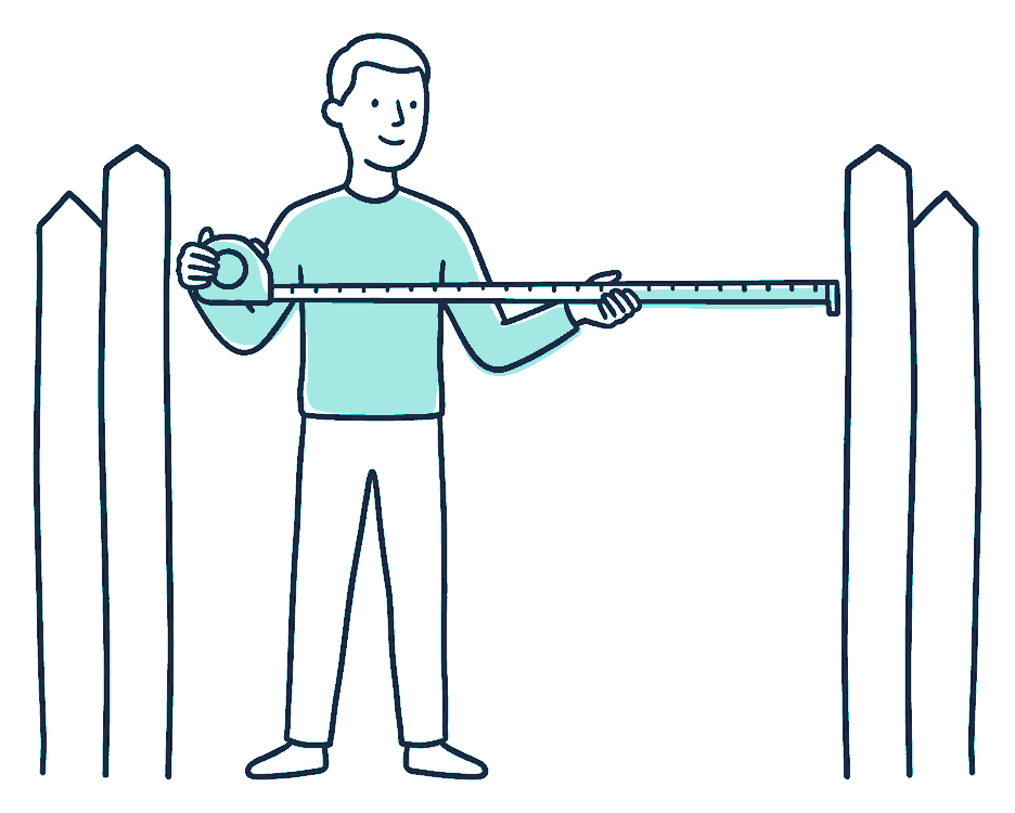 A person holding a measuring tape stretched between two fence posts