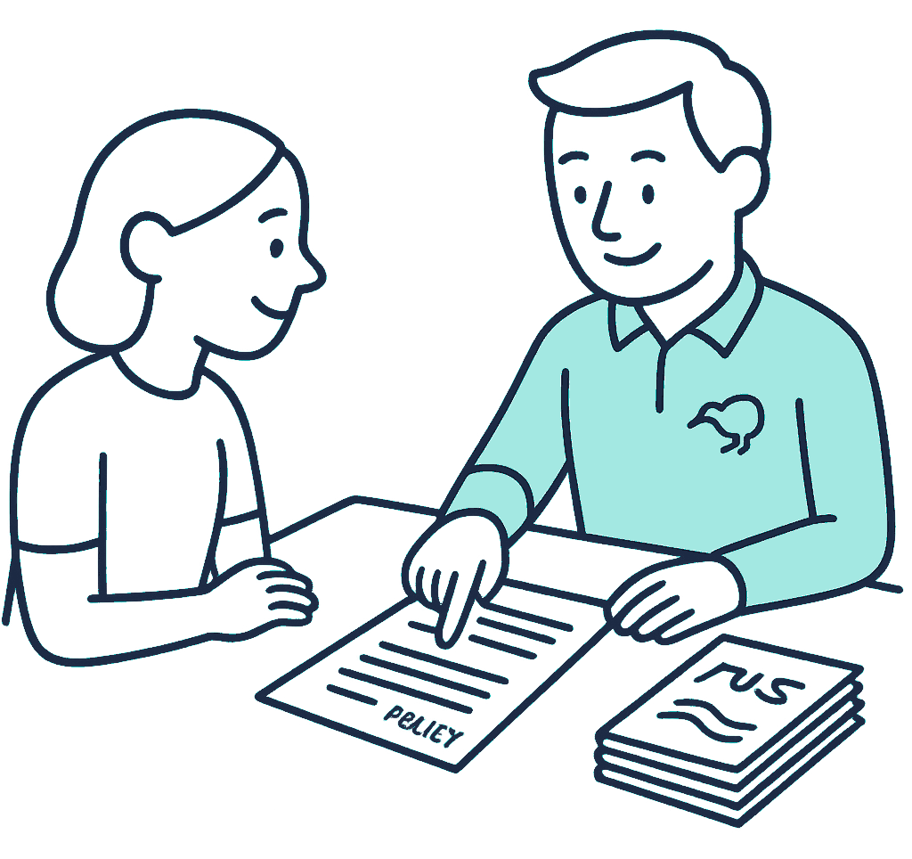 An adviser points to a clause on a printed policy schedule while a client listens across a small office table, a stack of insurer brochures beside them