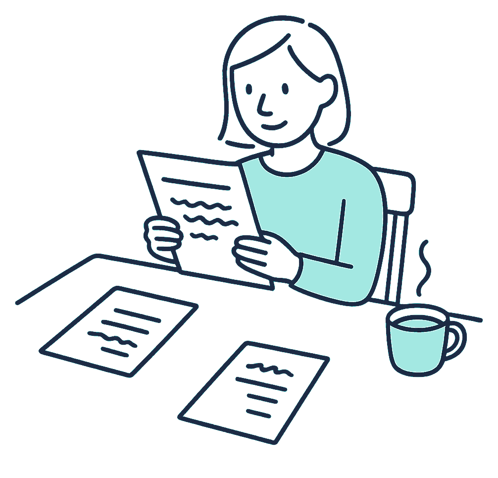 A person at a kitchen table reviews a life insurance policy schedule beside a specialist's referral letter and a cup of tea