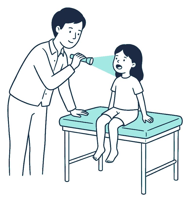 An adult shines a small torch into the open mouth of a child sitting on an examination table